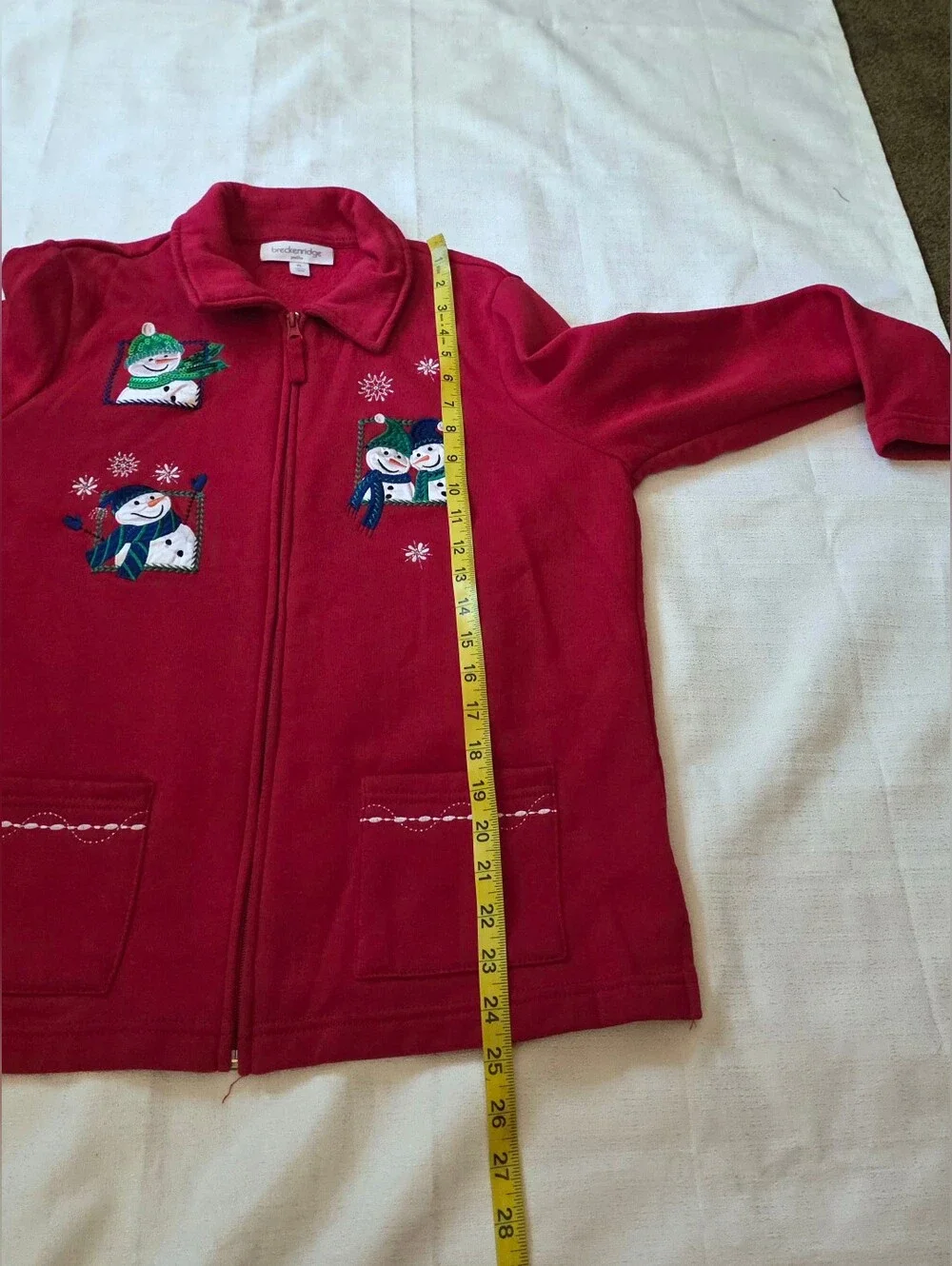 Vintage Breckenridge Christmas Snowmen Fleece Jacket Red Zip Size Petite Large